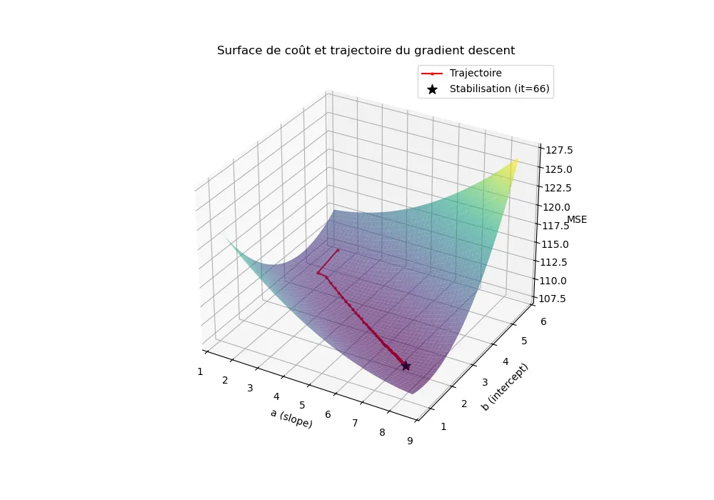 Surface de coût MSE(a, b) et trajectoire de la descente jusqu’au minimum.